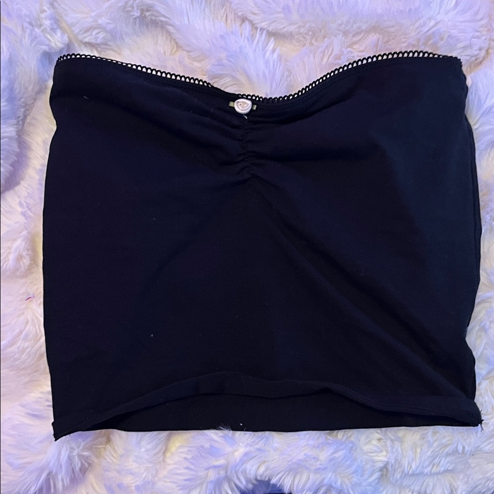 Black Strapless Tube Top with Heart Button Accent